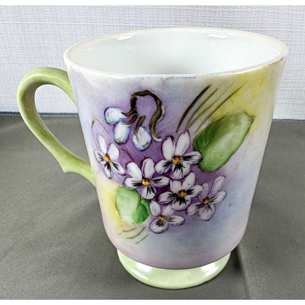 Vintage Hand Painted Porcelain Footed Coffee Mug Tea Cup Violets Signed Juana 80